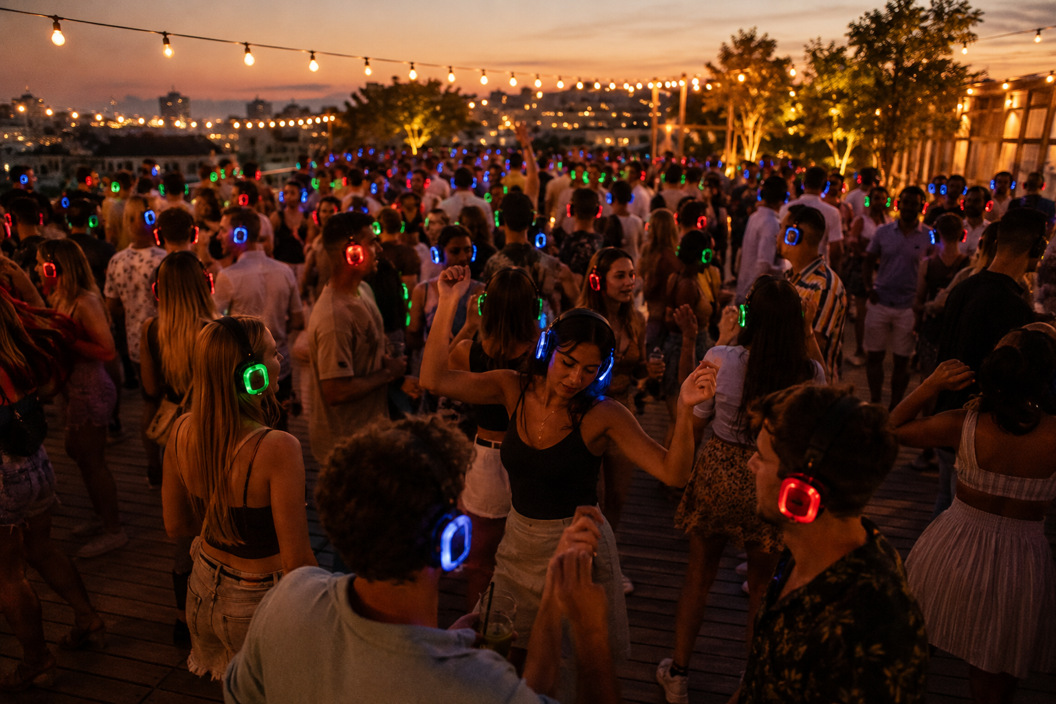 Inimesed tantsimas Silent Disco LED-kõrvaklappidega vabaõhupeol päikeseloojangul